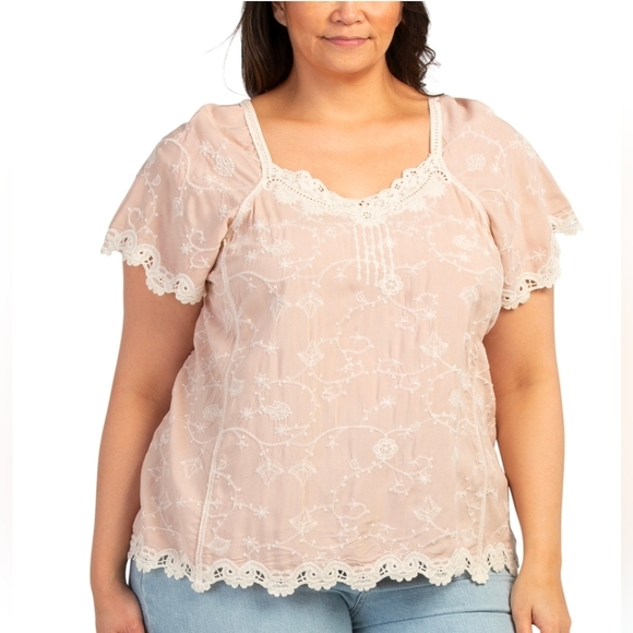 🔹️Democracy 🔹️ Plus size Flutter Sleeve Lace Trim Top - Picture 1 of 2